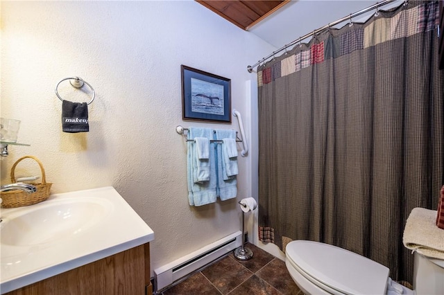 948 George St, Wheatland, NY 14511 - full bathroom with a baseboard radiator, toilet, vanity, and a shower with curtain
