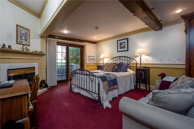 948 George St, Wheatland, NY 14511 - carpeted bedroom featuring access to outside, crown molding, a fireplace, wainscoting, and baseboards