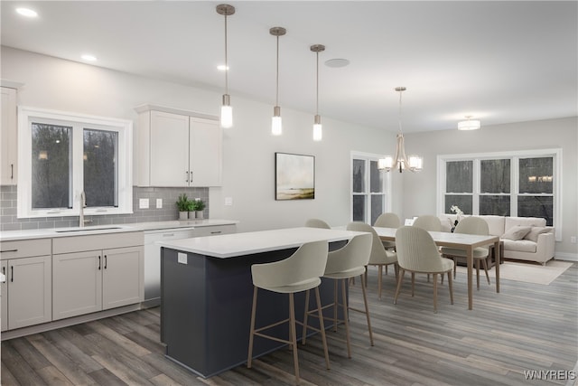 kitchen with white cabinets, sink, tasteful backsplash, and dark hardwood / wood-style floors