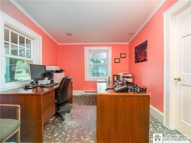 carpeted home office with a baseboard radiator and crown molding