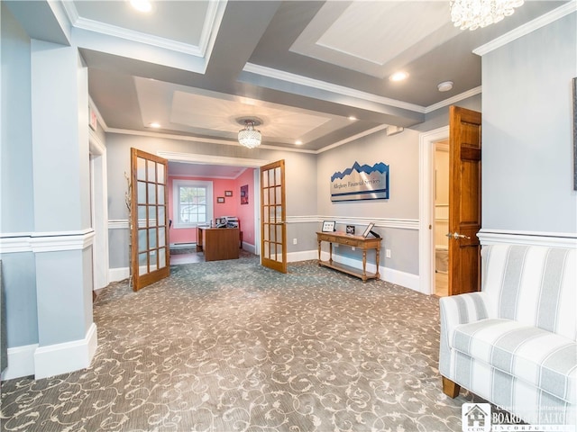 living area with ornamental molding, french doors, and carpet floors