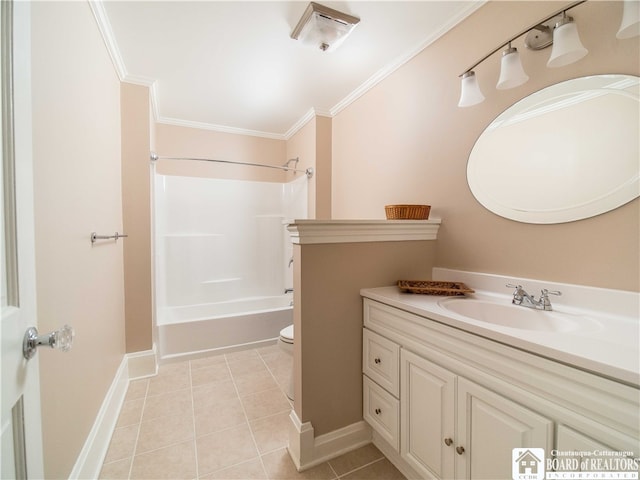 full bathroom with toilet, washtub / shower combination, tile patterned flooring, and crown molding