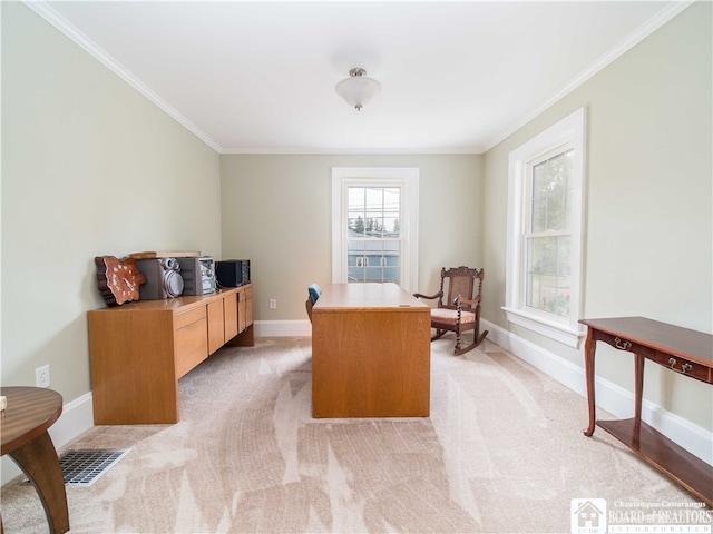 office featuring light carpet and crown molding