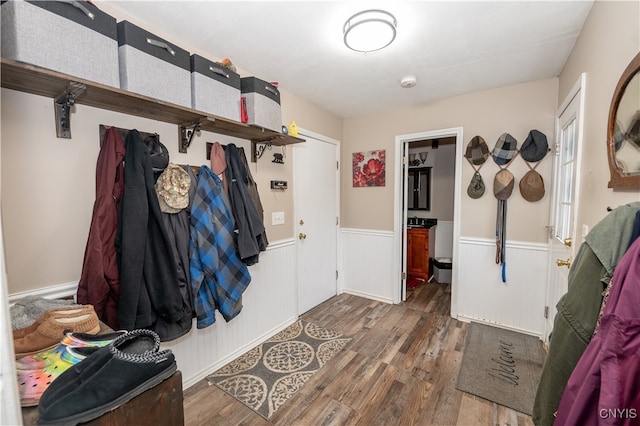 mudroom featuring dark wood-type flooring