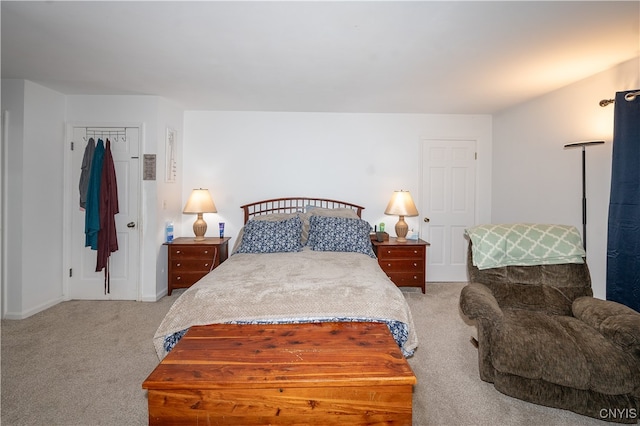 bedroom featuring light carpet and a closet