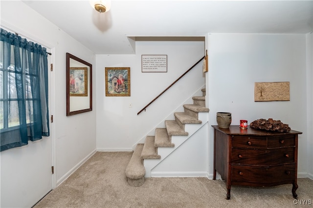 entrance foyer featuring light carpet