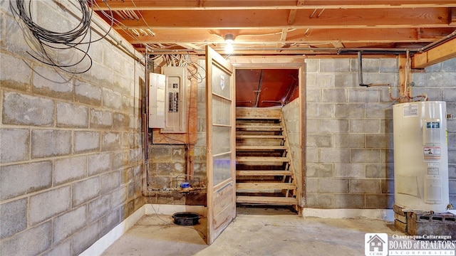 basement with electric panel and water heater