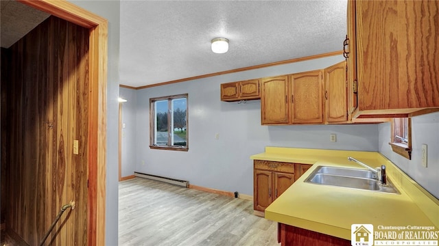 kitchen with a baseboard radiator, a textured ceiling, sink, crown molding, and light hardwood / wood-style flooring