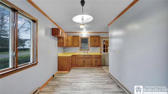 kitchen with light wood-type flooring, plenty of natural light, decorative light fixtures, and ornamental molding