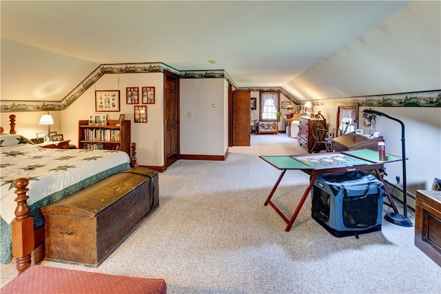 carpeted bedroom with vaulted ceiling