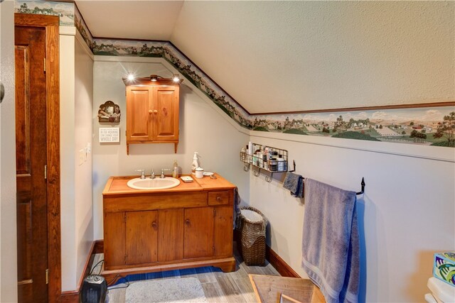 bathroom with vanity, hardwood / wood-style flooring, and vaulted ceiling