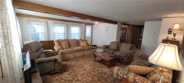 living room with carpet flooring and beam ceiling