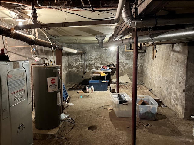 basement with electric water heater and heating unit