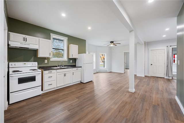 kitchen featuring white cabinets, dark wood-type flooring, ceiling fan, and white appliances