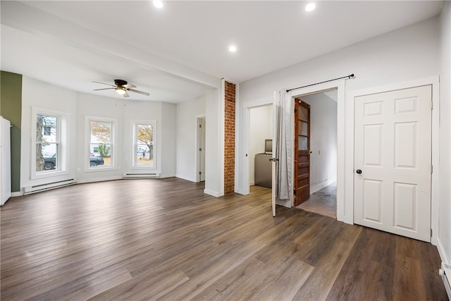 unfurnished living room with a baseboard heating unit, dark wood-type flooring, and ceiling fan