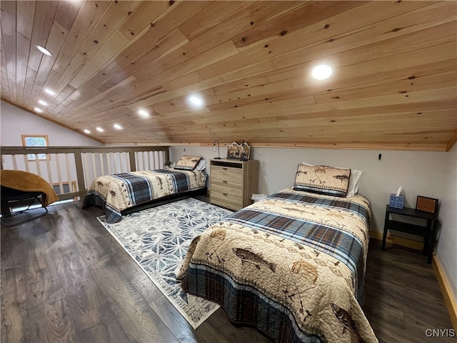 bedroom with vaulted ceiling, wooden ceiling, and dark hardwood / wood-style floors