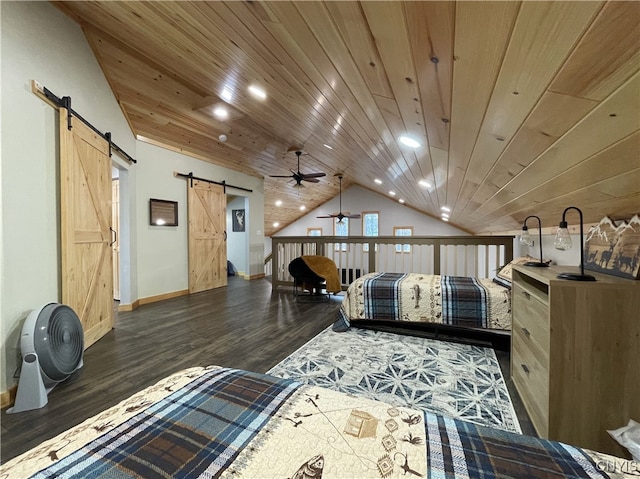 bedroom featuring a barn door, vaulted ceiling, wooden ceiling, and dark hardwood / wood-style floors