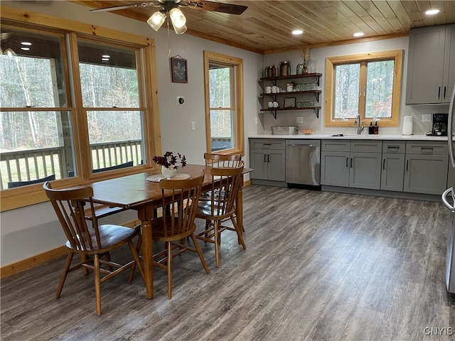 dining room featuring ceiling fan, dark hardwood / wood-style floors, wood ceiling, and crown molding