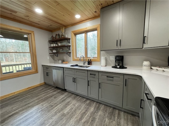 kitchen with stainless steel appliances, sink, wooden ceiling, and dark hardwood / wood-style flooring