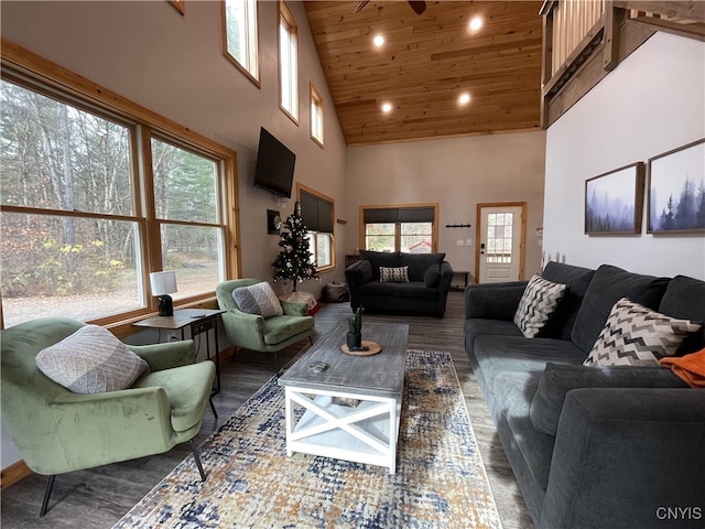 living room featuring high vaulted ceiling, wooden ceiling, a healthy amount of sunlight, and dark hardwood / wood-style floors