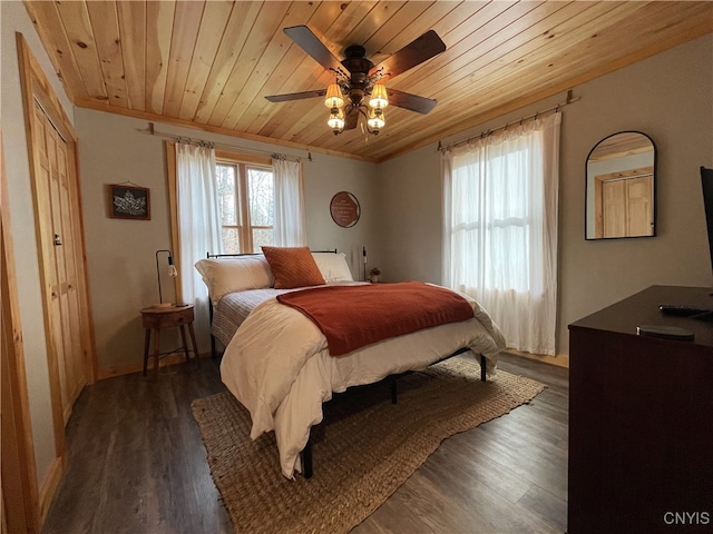 bedroom featuring dark hardwood / wood-style flooring, ornamental molding, wooden ceiling, and ceiling fan