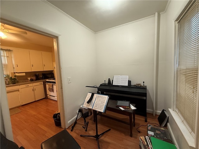 miscellaneous room with light wood-type flooring, ceiling fan, and ornamental molding