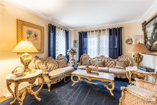 living room with carpet and crown molding