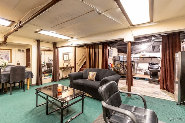 basement with carpet flooring and stainless steel fridge