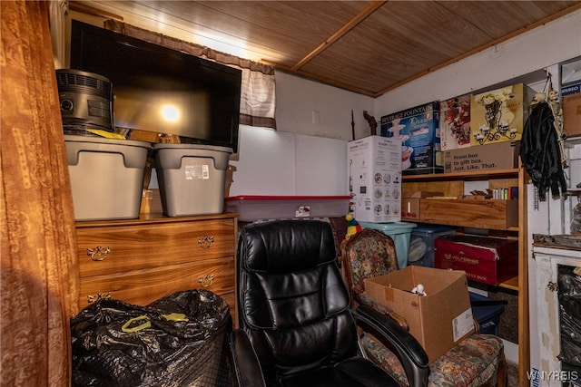 home office with wood ceiling