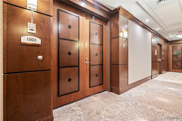 room details with carpet and wooden walls