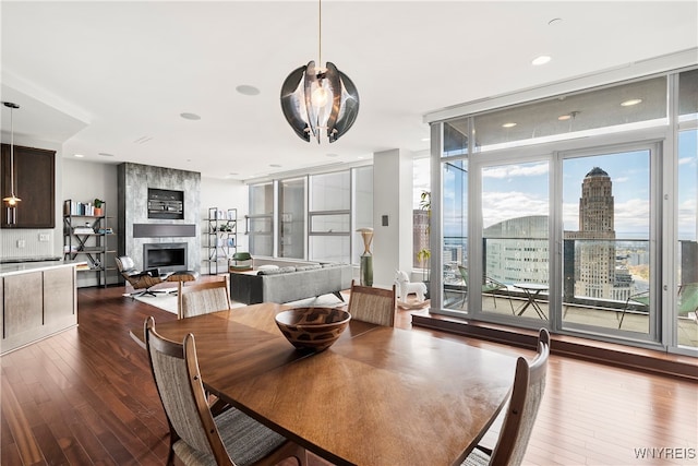 dining room featuring dark hardwood / wood-style floors and a large fireplace