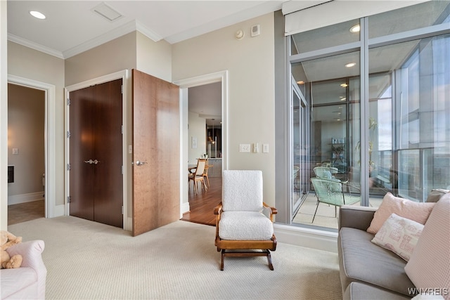 interior space with light colored carpet and ornamental molding