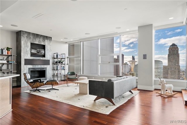 living room with hardwood / wood-style floors and a fireplace