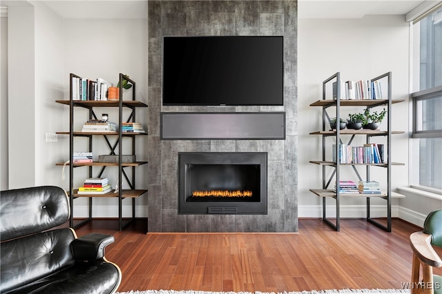 living room with hardwood / wood-style flooring and a large fireplace