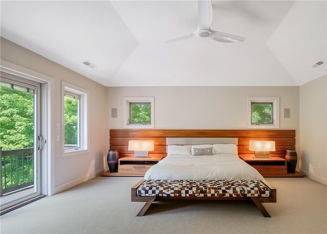 bedroom with ceiling fan, access to exterior, lofted ceiling, and carpet