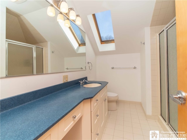 bathroom with toilet, walk in shower, tile patterned floors, and vaulted ceiling with skylight