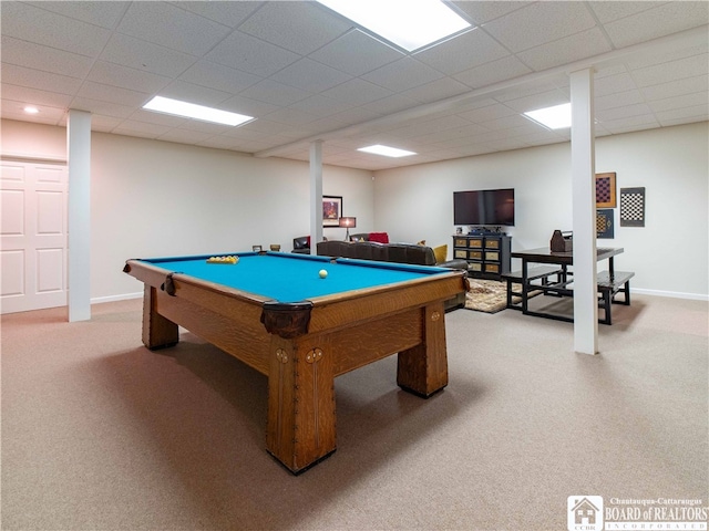 game room with billiards, light colored carpet, and a paneled ceiling