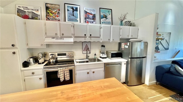 kitchen featuring under cabinet range hood, appliances with stainless steel finishes, light countertops, and a sink