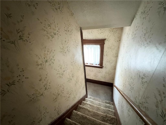 stairs with a textured ceiling