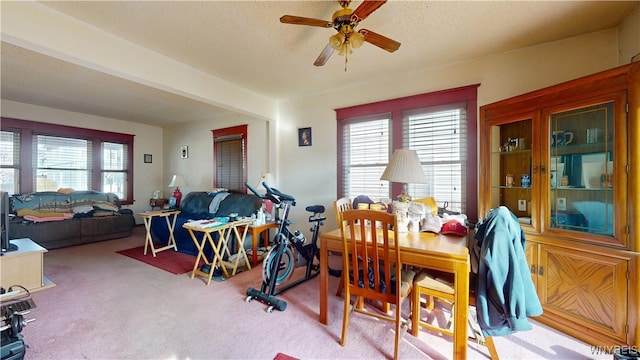 carpeted dining room with a textured ceiling and ceiling fan