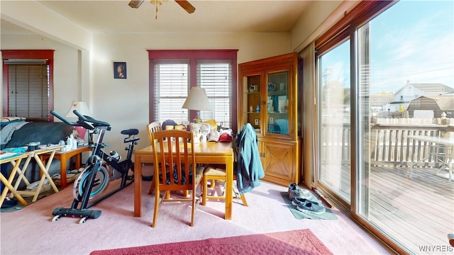 carpeted dining area featuring ceiling fan