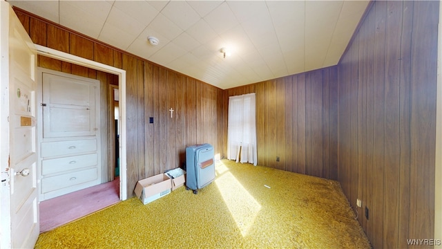 carpeted spare room with wood walls