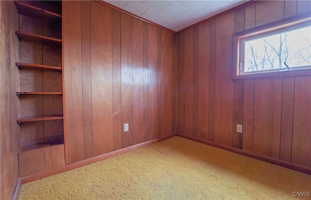 empty room featuring carpet flooring and wooden walls