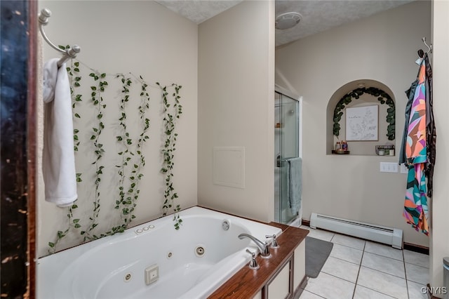 bathroom with shower with separate bathtub, a textured ceiling, tile patterned flooring, and a baseboard radiator