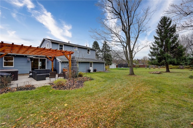 exterior space with a pergola, an outdoor living space, a lawn, and a patio