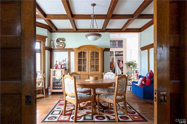 dining area with beam ceiling, dark hardwood / wood-style flooring, and coffered ceiling