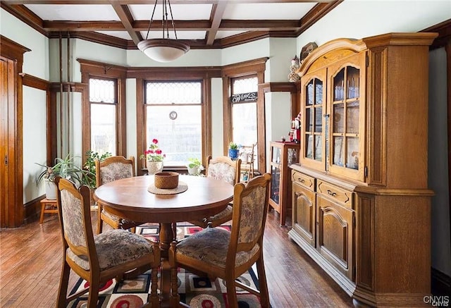 dining space featuring beamed ceiling, dark hardwood / wood-style floors, and coffered ceiling