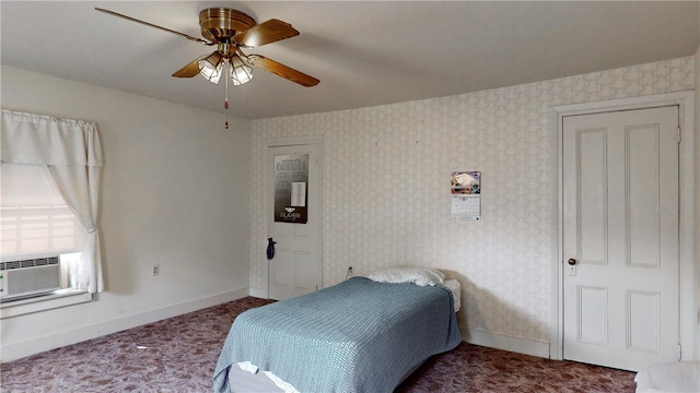 bedroom featuring ceiling fan, cooling unit, and dark colored carpet