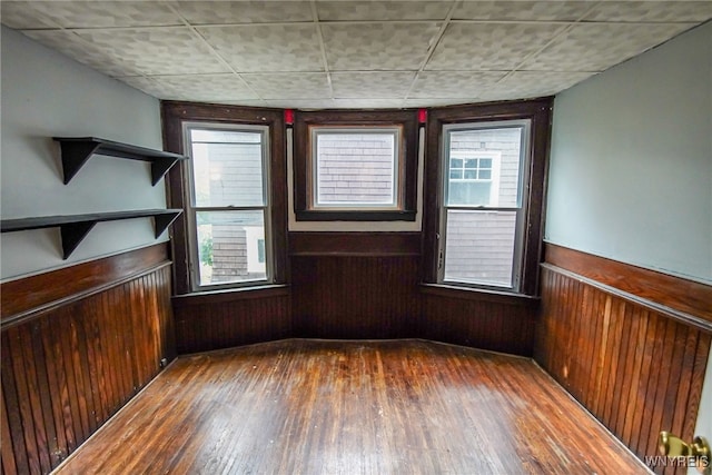 unfurnished room with wood walls and dark wood-type flooring