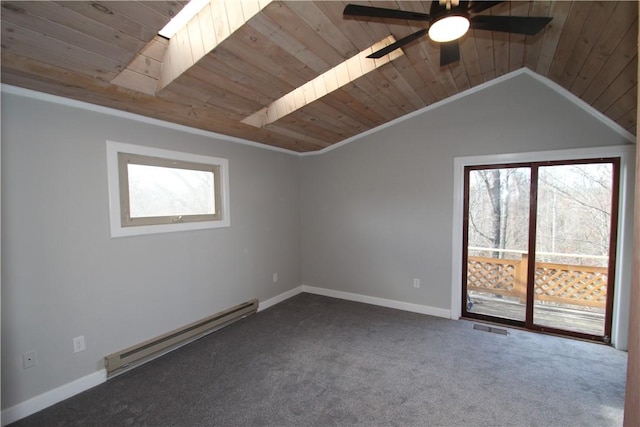 carpeted empty room featuring a baseboard radiator, wooden ceiling, visible vents, a ceiling fan, and vaulted ceiling